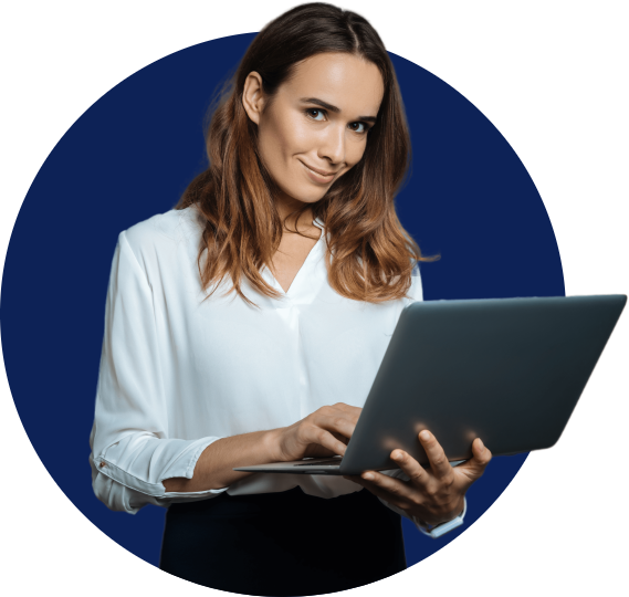 woman holding an open laptop and grinning